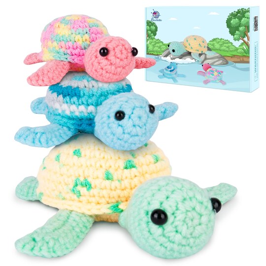 Art & Gift; Crochet Kit for Beginners, Beginner Crochet Kit for Adults with Step-by-Step Video Tutorials, DIY Crochet Animal Kits Kids Knitting Supplies, 3 Pack Turtle Family (40%+ Yarn) & Organizer Storage Tote Bag; Category:Crochet Kits; Image:1
